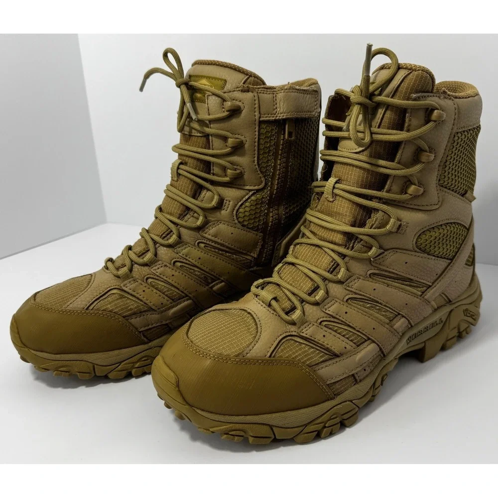 Merrell Mens Moab 2 8 Tactical Side-Zip Waterproof Coyote Boots 11.5 No Insoles